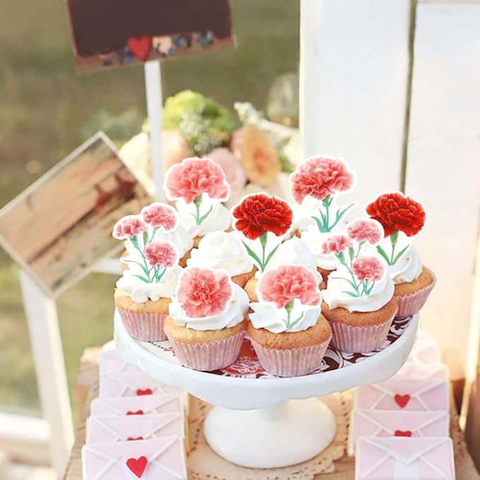 50Pcs Edible Carnation Cupcake Toppers Edible Pink Red Carnations Flower Cupcake Picks for Floral Women Birthday Cupcake Picks Anniversary Party Decorations Floral Mother's Day Cupcake Decorations