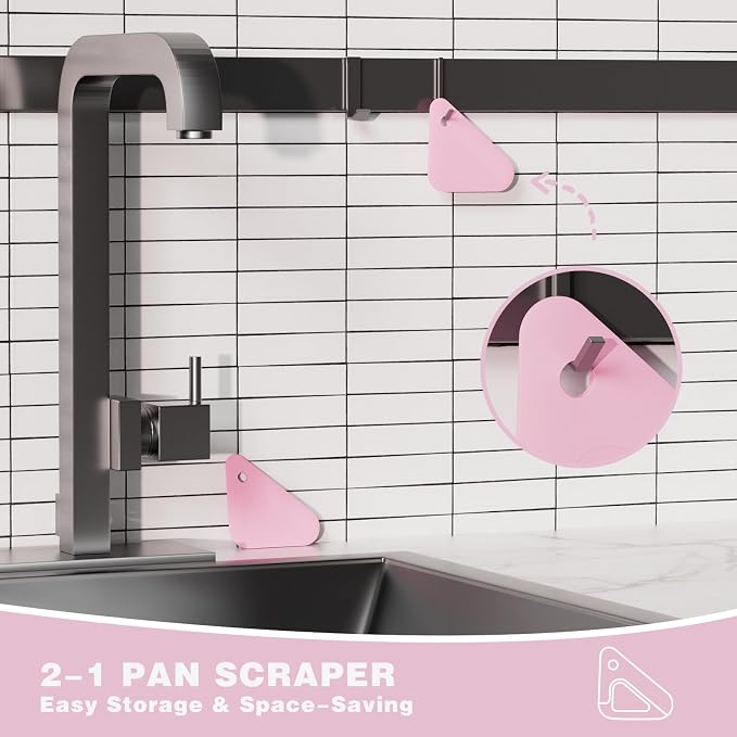 Food Scraper, 2-in-1 Pot and Pan Dish Scraper, Nylon and Silicone, Kitchen Scraper Tools for Cast Iron Skillets, Cookware, Dishes, Pans and Pots, Heat Resistant, Set of 3 - Pink