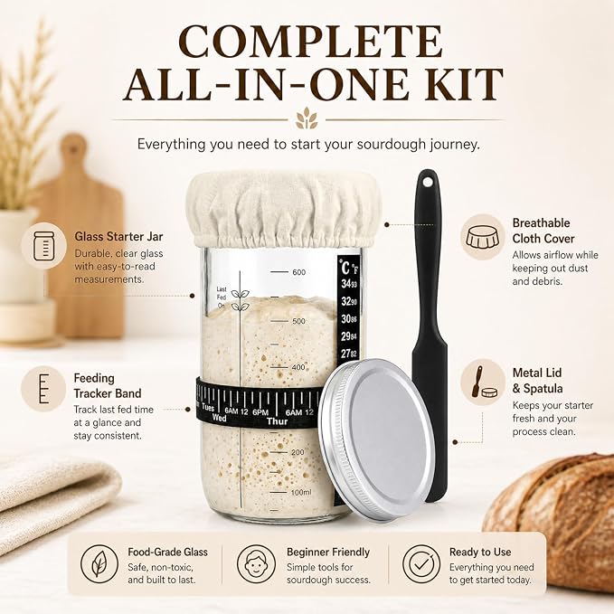 24 oz Sourdough Starter Jar Kit, Glass Sourdough Starter Jar with Date Mark, Thermometer, Scraper, Cloth Cover & Lid, Complete Sourdough Baking Supplies for Beginners & Pros