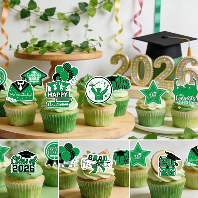 48pcs Edible 2026 Graduation Cupcake Toppers Wafer Paper Green Class of 2026 Cake Decorations Edible Congrats Grad Cupcake Picks for 2026 Graduation Theme Party Cake Supplies