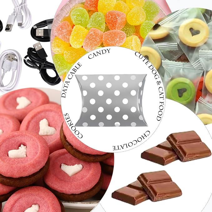 50 Pcs Kraft Paper Pillow Gift Boxes,3.5x2.6 Inch Mini Folding Treat Boxes, Creative Favor Box Folding Treat Boxes for Bakery, Candy, Jewelry, Wedding & Party Favors(Silver dots)
