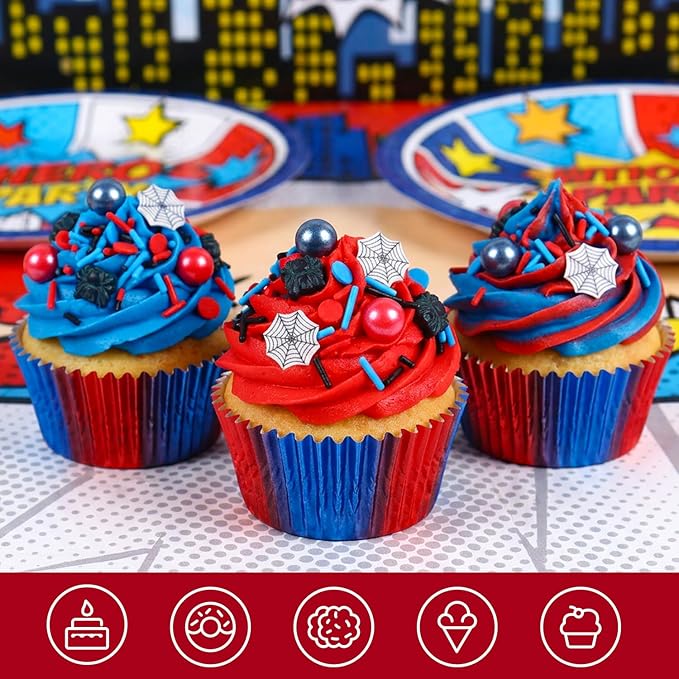 85g Edible Spider Sprinkles, Superhero Cake Decorating, Red and Blue Jimmies and Sugar Pearl for Themed Toppers, Birthday, Children's Party Supplies 3oz