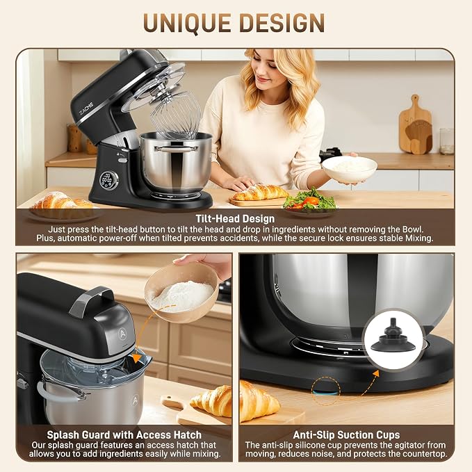 ZACME 7 Quart Stand Mixer Aluminum Die Casting, 650W 12 Speed Tilt-Head Kitchen Electric Stand Mixer, Household Food Mixer with Stainless Steel Bowl, Dough Hook, Whisk and Beater-Black