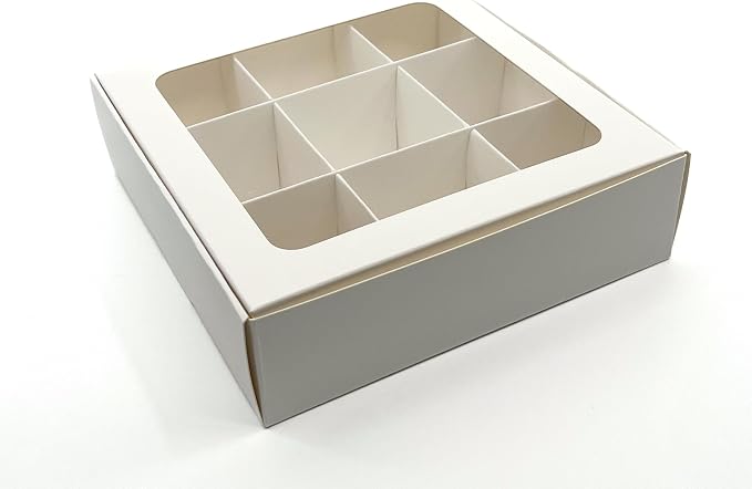 20pcs White Treat Boxes with Window and Dividers | 9 SMALL compartments | 6.5 x 6.5x 1.9 in | Chocolate-covered strawberries supplies, macaron boxes, baked goods packaging