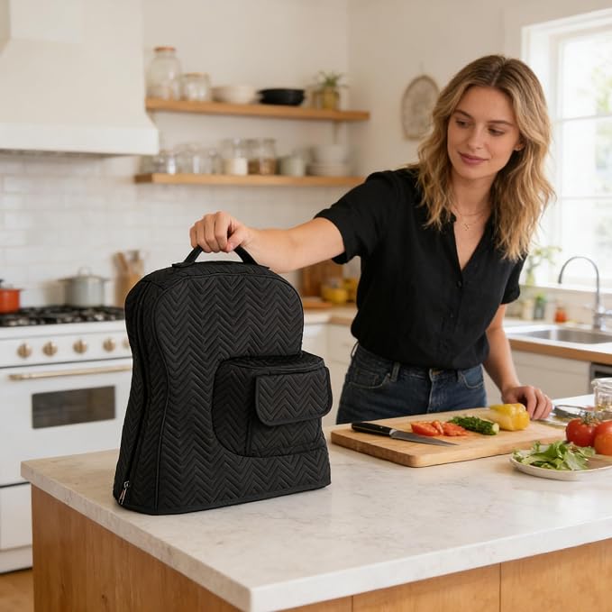 Stand Mixer Cover Compatible with KitchenAid Tilt-Head Mixer, Quilted Dust Cover with Zipper Back & Side Pockets, Protective Storage Bag for Mixer Accessories, Black
