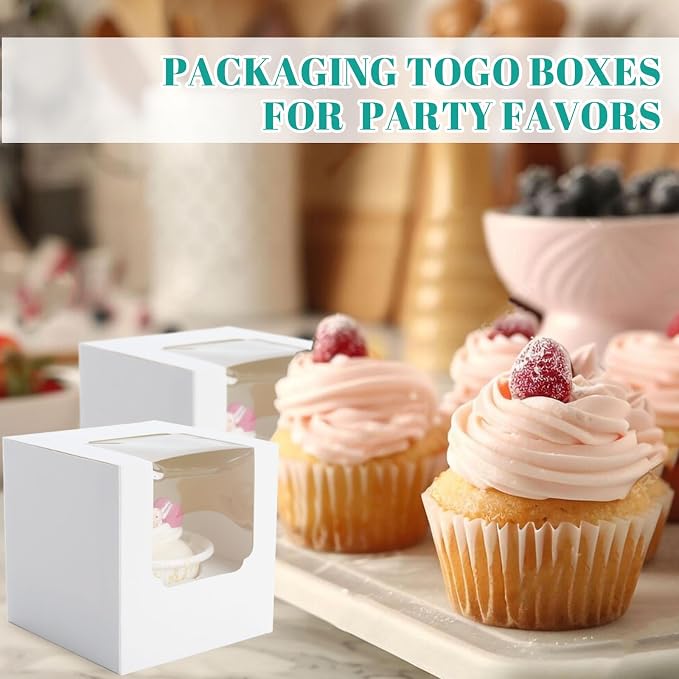 NPLUX 25 Pcs Cupcake Boxes Individual Cupcake Containers Pre-Assembled Single Cupcake Boxes 3.5"x3.5"x3.5" with 25 Pcs Inserts for Cupcakes Muffins Party Favors(White)