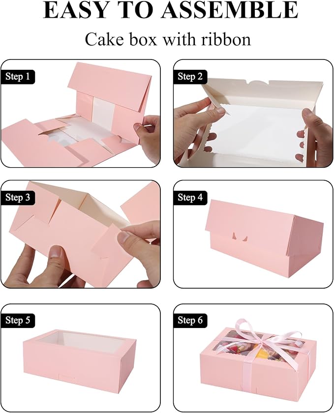 COTOPHER 10Pcs Cookie Boxes with Ribbons, 9x6x3 Inch Bakery Boxes with Window, Pink Treat Containers for Pastries, Chocolate Covered Strawberries, Dessert, Easter Candy, Muffins, Donuts
