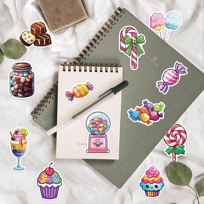 Cute Candies Lollipops Ice-Cream Cake Aesthetic Stickers, 50PCS Funny Sweets Aesthetic Waterproof Stickers for Water Bottles Laptop Journal Scrapbook, Sweet Snack Decals