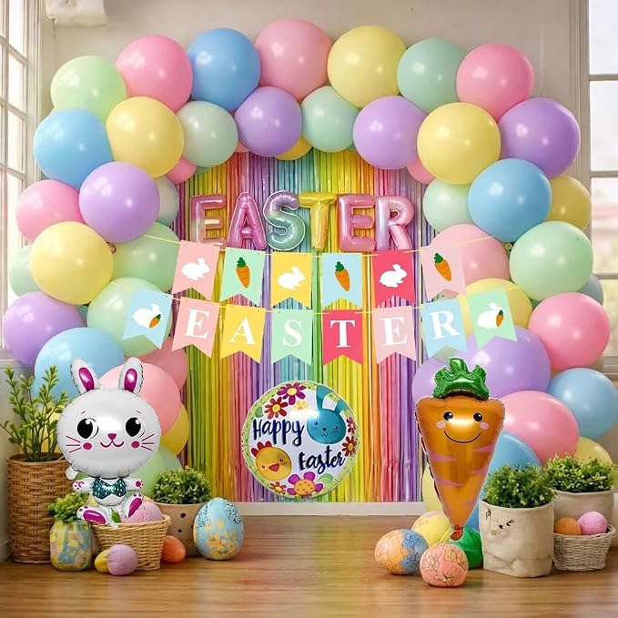 Pastel Balloons Arch Kit Double Stuffed Ma'ca'ron Balloons with Bunny, Carrot & Egg Foil Balloon Easter Banner and Colorful Fringe Curtain for Birthday Baby Shower Spring Pastel Party Decoration