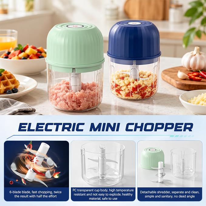 Electric Garlic Chopper, Cordless Mini Food Processor Rechargeable | 6 Stainless Steel Blades,Cordless USB-C Rechargeable,No Garlic Smell on Hands, Splash-Proof Design,Food-Grade PP