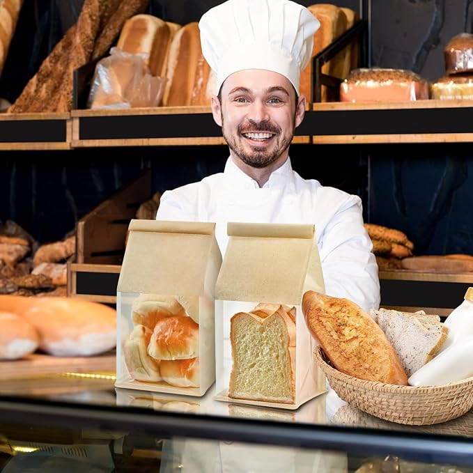 Ohuimrt Bread Bags for Homemade Breads, 50 PCS, 11 x 5.1 x 3.9 Inches | Tin Tie Tab Lock, Window, Bakery Bags, for Pastry Bagel Cookie Packaging