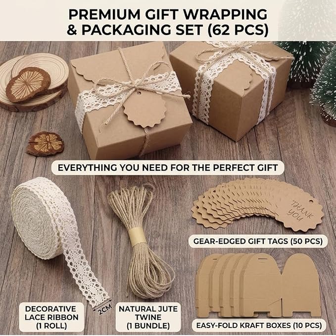 MLXUANLA 62 Pack Small Gift Boxes - Cookie Boxes For Gift Giving, Ivory Lace Ribbon, Jute Twine, Kraft Tags - Brown Kraft Paper