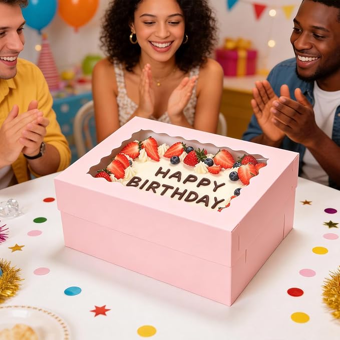 COTOPHER 14x10x6 In Sheet Cake Boxes, 16 Pcs Pink Bakery Boxes with Large Window (8 Boxes & 8 Boards), Cake Containers for Quarter Cakes, Donuts, Cupcakes, Brownie, Pastry & Pies Packaging