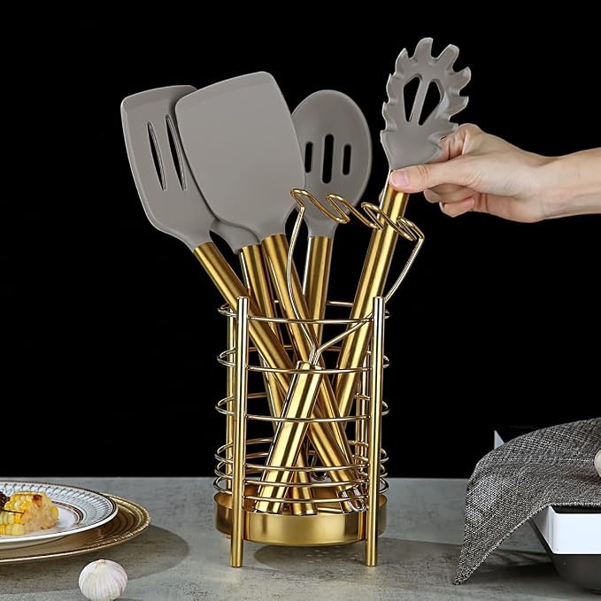 Gold Kitchen Utensils Set, Berglander 38 Pieces Non-stick Silicone Cooking Tools Spoon Spatula Set With Sturdy Stainless Steel Utensil Holder, Dishwasher Safe