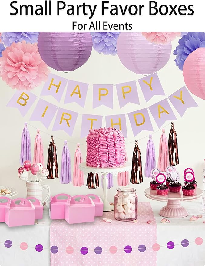 P6PK12 Happyhiram Party Favor Boxes Pink Striped 12 Pcs for Girls, Treat Boxes with Handles 6" Gable Boxes Candy Boxes Party Favor Paper Gift Boxes for Kids Birthday Candy Baby Shower Bridal Shower