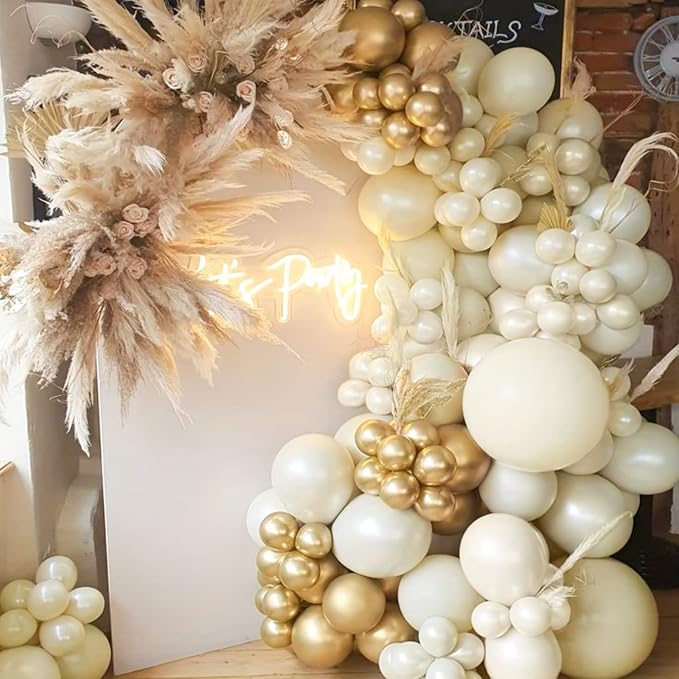PartyWoo Neutral Balloon Arch Kit Garland 140pcs Different Sizes of 18 12 10 5 Inch Off White Sand Cream Ivory Gold Confetti Boho Balloons for Bridal Baby Shower Engagement Birthday Party Decorations