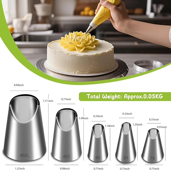 Suuker 5 Pieces Rose Flower Piping Tips Set | Stainless Steel, Cake Decorating Tips, Frosting Icing Tips, 402L 402 79 80 81