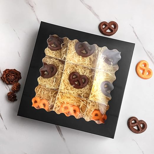 qiqee Black Bakery Box with Window 24-Packs 10x10x2.5 inch Donut Pie Boxes Pastry Box(24pcs Black Bakery Boxes+5 Sets Dividers+20 Silver Stickers+30pcs Cookie Packaging Includes)
