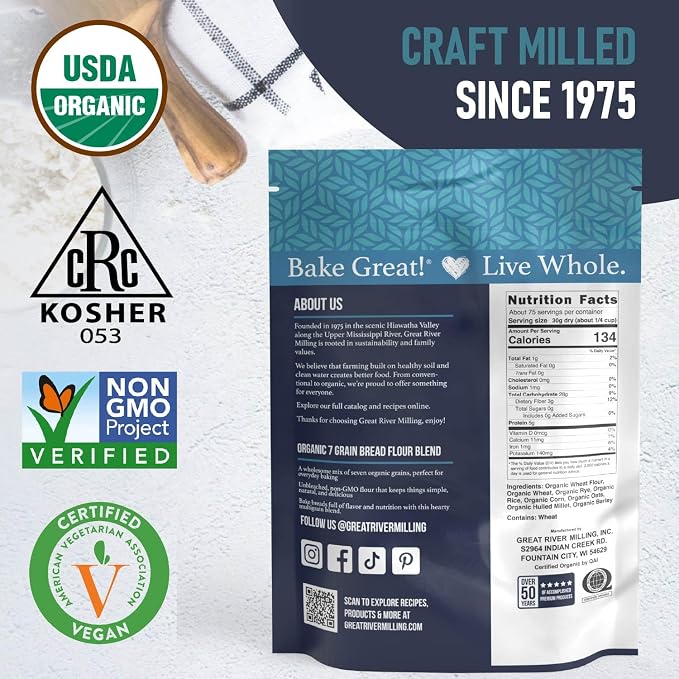 Great River Milling Organic 7 Grain Blend Bread Flour | Unbleached & Unbromated | Non-GMO, Kosher Certified | Hearty Multi-Grain Flour for Breads, Muffins & Everyday Baking | 5 Lb