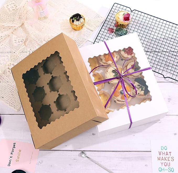 3-Set Cupcake Boxes Bulk with Clear Display Window Hold 12 Standard Cupcakes, Disposable Food Grade Brown Cupcake Carrier Cupcake Container, Perfect for Cupcakes Muffins Cookies Pastries