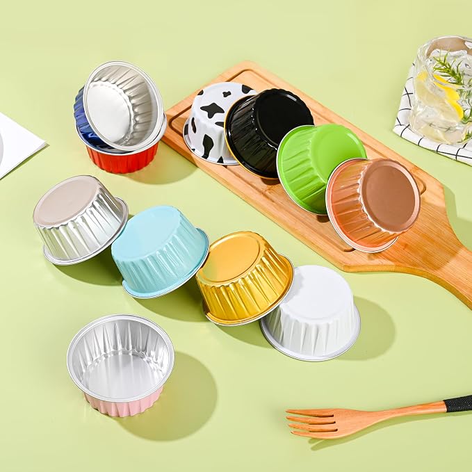 Mini Aluminum Foil Cupcake Baking Cups with Lids (40pcs, 9oz) Round Cupcake Foil Liners Tart Pie Tin Pan Holder - Disposable Mini Cake Containers Flan Molds for Pudding, Souffle, Party, Wedding