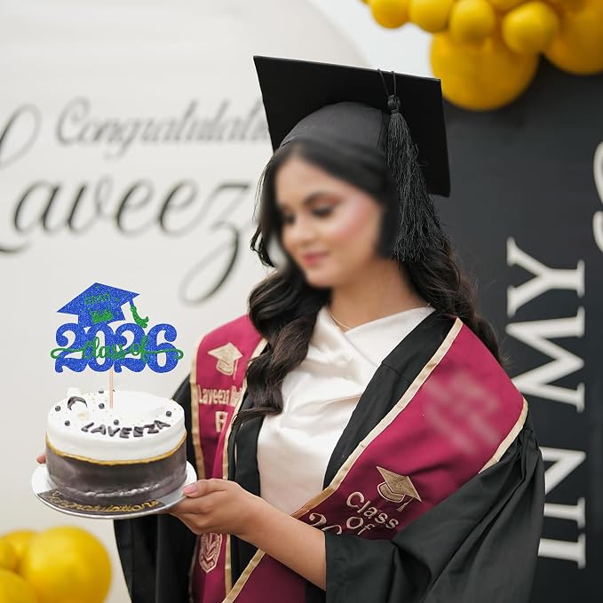 1 Pack Class of 2026 Cake Topper Glitter Congrats Grad Cap 2026 Graduation Cake Pick Decoration for 2026 Graduation Theme High School Graduate Party Cake Decorations Supplies Blue Green