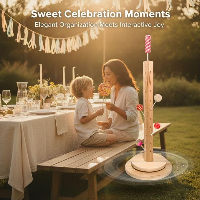 Wooden Lollipop Storage Rack, 36-Hole Rotating Cake Pop Stand, Light Brown Dessert Display Holder with Round Base for Party Favors, 14.37 in Height