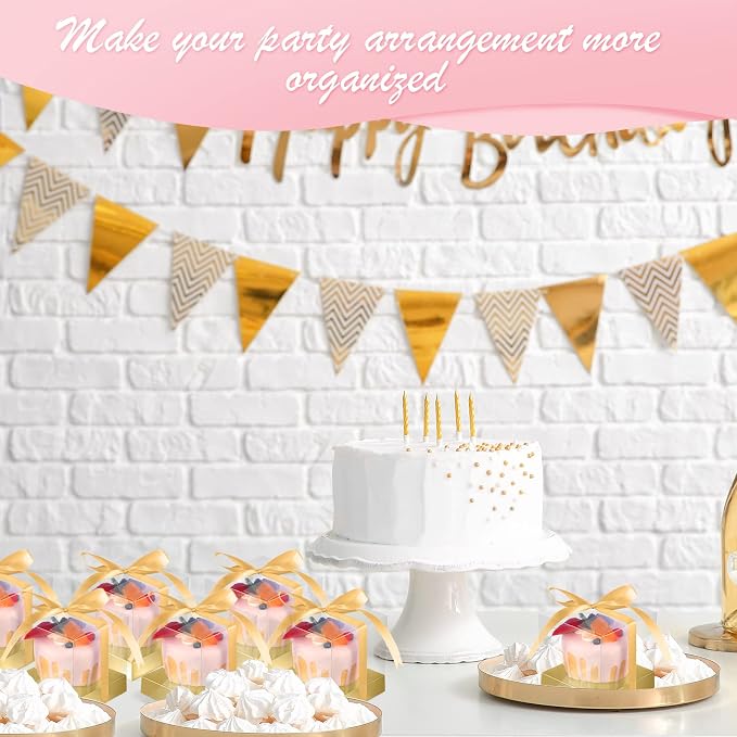 Thenshop 50 Pcs Clear Cupcake Boxes Individual 3.5 Inch Plastic Single Cupcake Containers Boxes with Inserts and Ribbon Individual Cake Storage Holders for Cake Kitchen(Gold)