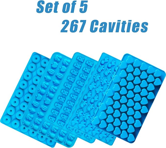 5 PCS Silicone Gummy Molds, Food Grade Non-Stick Candy & Chocolate Mold Fruit Snack Molds BPA-Free with 2 Droppers Including Mini Dinosaur, Bear, Heart, Fruit, and Donut (Blue)