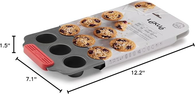 Lékué Non-Stick 12 Hole Mini Muffin Mold - Carbon Steel Oven Baking Pan with Platinum Silicone Handles, Even Heat, Dual Non-Stick Ceramic Coating, Scratch Resistant, PFOA & PFA-Free, 12.2 x 7.1 x 1.5"