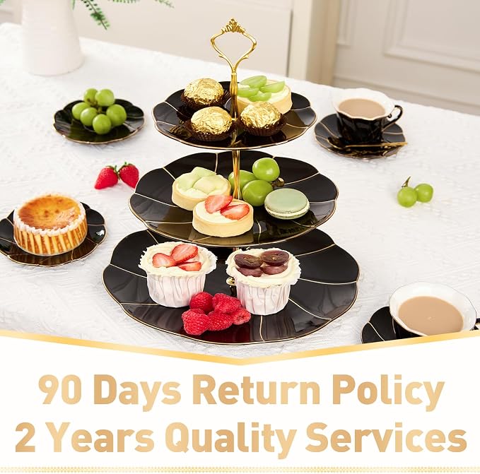 DUJUST Luxury Larger 3-Tier Cupcake Stand Tower, British Style Porcelain Serving Tray with Golden Trim, Food Grade Dessert Display Stand for Tea Party & Home Décor - 45% Black Larger Plates