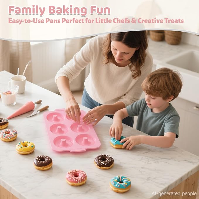 Nonstick Silicone Donut Pan: 4 Inch Large Donut Mold with Metal Frame - Bagel Doughnut Pan for Baking Gluten Free Glazed Vegan - for Oven Housewife Home Baker Baking Lovers (Pink & Beige)