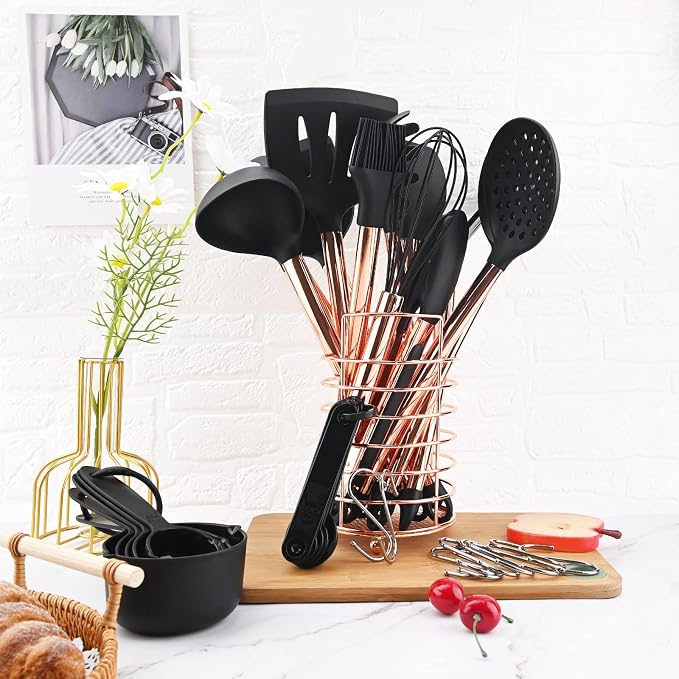 1pc Black & Copper Silicone Kitchen Tong, Stainless Steel Food Tongs with Non-stick Silicone Tips for Serving Food, Locking Silicone Tong for Salad BBQ Serving Buffet Frying.