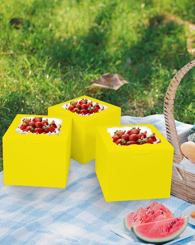 Bakepacker 36pcs 6x6x5 Inches Cake Boxes with Window 18-Packs Yellow 6 Inch Bakery Boxes (18 Cake Boxes +18 Cake Boards Included)