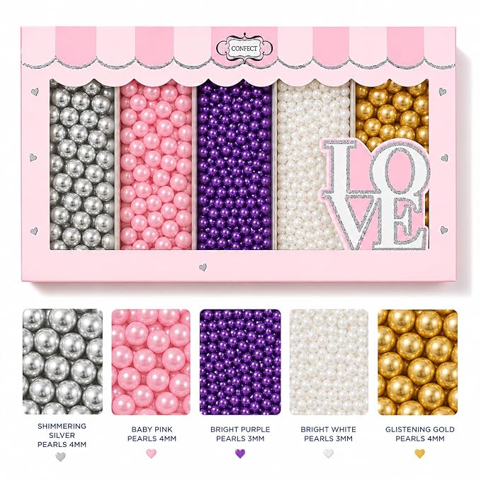 Confect Pearl Sprinkles | Sprinkles for Cakes & Cupcakes Decoration | Assorted pack of 5 Royal Unicorn | Mix Sliver, Baby Pink, Purple, White & Golden Dragees | Vegan, Gluten-Free, Nut-Free, Soy-Free, Dairy-Free, Palm Oil-Free, No Artificial Dyes - 5 Oz