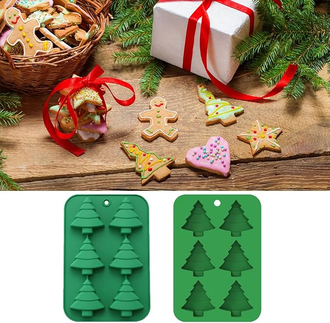 6 Cavities Silicone Cookies Biscuit Mold, Christmas Halloween Candy Mold, Reusable DIY Baking Mold Jelly Chocolate Mold, Ice Cube Tray Wax Melt Molds(Set of 2 Green Christmas Trees)