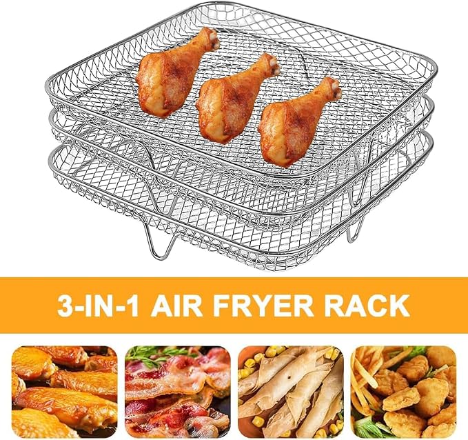 3 layer Square Air Fryer Rack, Stainless Steel Dehydrator, Air Stainless Steel Dehydrator Grill Enhanced Airflow Design Air Fryer Rack for Chicken Wings Vegetables Dual Cakes (Square Set)