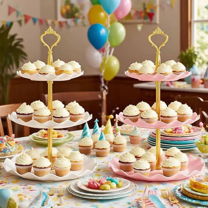 2 PCS 3 Tier Cupcake Stand Holder, Plastic Cupcake Holder Towel with Multiple Layers of Trays, Used for Cupcakes, Donuts, Fruits, Etc., White (White+Pink)