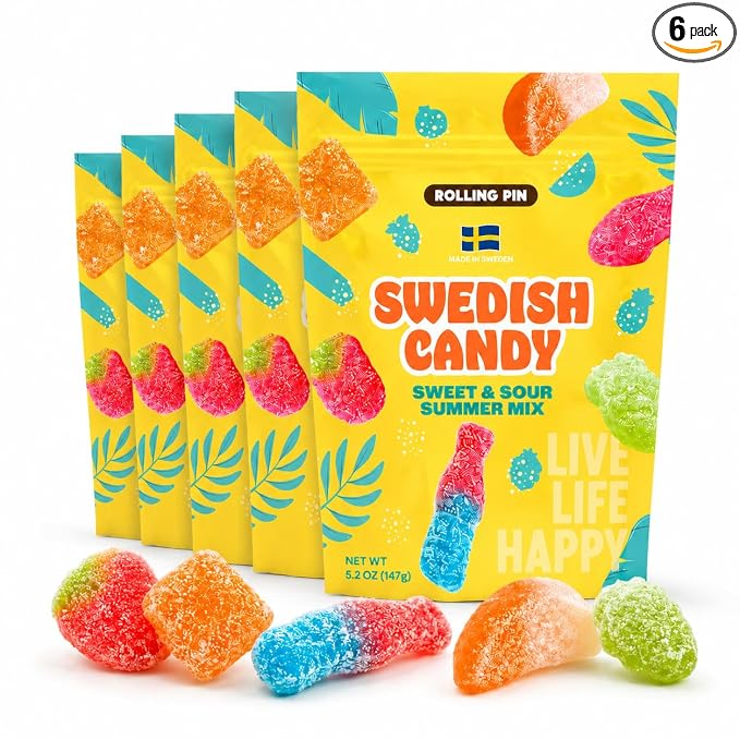 Rolling Pack of 6 Pin Sweet & Sour Summer Mix Gummy Swedish Candy - 31.2 oz