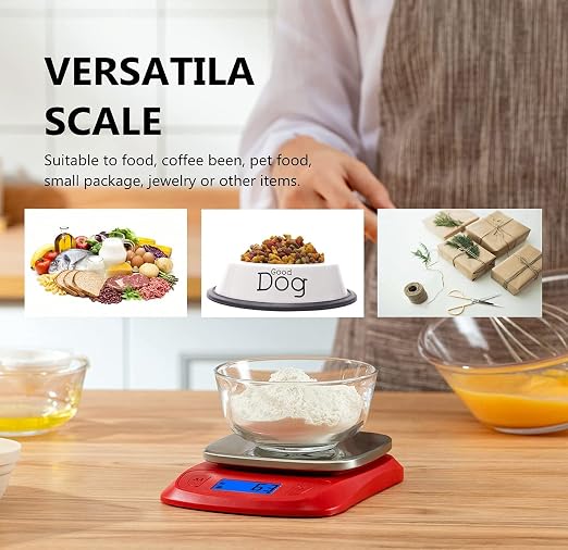 NUTRI FIT Ultra Slim Food Scale Digital Kitchen 1g Increment Measure in lb oz ml High Precision Weight in Grams and oz for Coffee Making, Meal Prep - Red/Stainless Steel