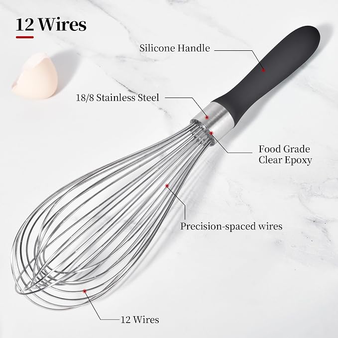 12inch Kitchen Wire Whisk, 18/10 Stainless Steel Metal Balloon Wisk (Large, Black)