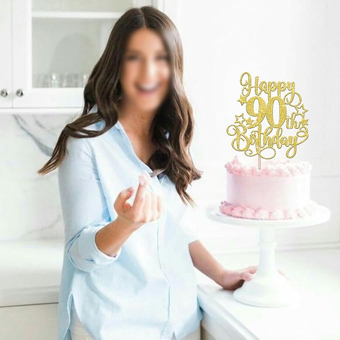 1 PCS Happy 90th Birthday Cake Topper Glitter Cheers to 90 Years Birthday Cake Pick Hello 90 Fabulous Cake Decoration for Happy 90th Birthday Anniversary Party Decorations Supplies Gold