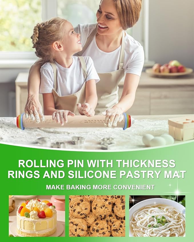 16.7" Wood Rolling Pin with Thickness Rings, Adjustable Wooden Rolling Pins for Cookie Pastry Tools, Dough Roller Pins with 1PCS Silicone Pastry Mat & 11PCS Stainless Steel Cookie Cutters