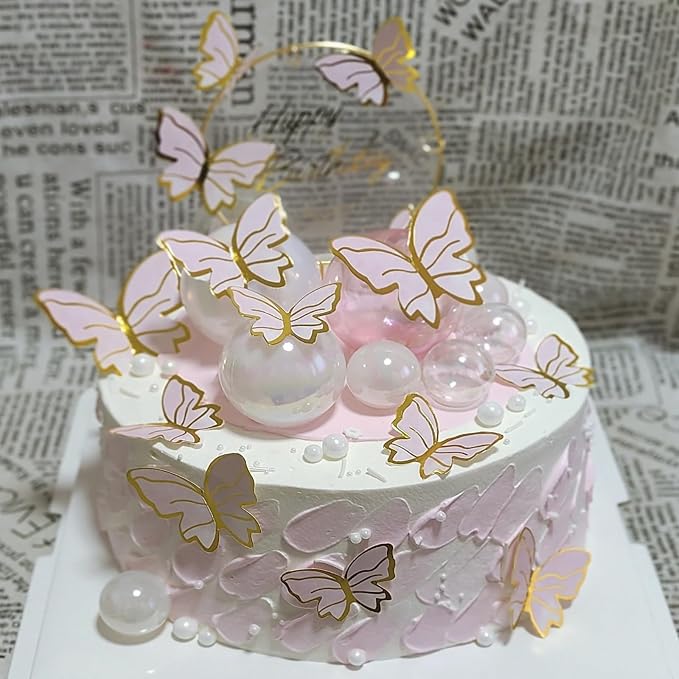 Pink Butterfly Cake Toppers, 11pcs Cupcake Toppers Happy Birthday Metal Gold Topper for Girls Women's Party Decorations