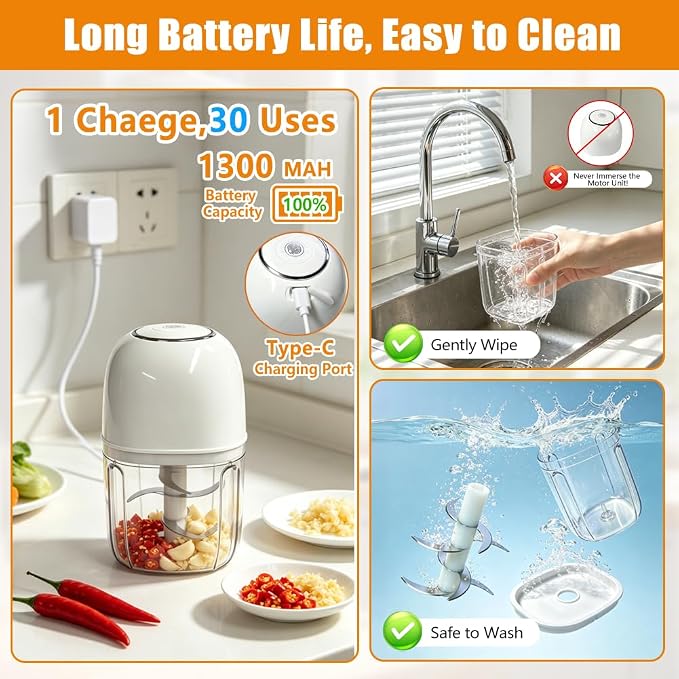 2026 New 450ML Electric Garlic Chopper, Powerful Portable Mini Food Processor, 1 Head 8 Blades, Partition Panel, Brush and Spoon, Garlic Mincer Electric for Ginger, Chili, Fruit, Meat, Onion, etc