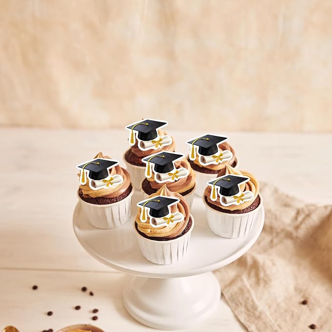 48pcs Edible Graduation Cap Cupcake Toppers Wafer Paper Gold Grad Cap Diploma Cake Decorations Edible Grad Cap Cupcake Picks for 2026 Graduation Theme Party Cake Decor Supplies