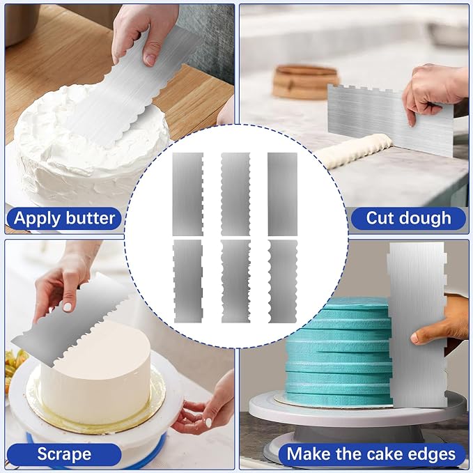8.6 Inch Metal Cake Scraper, 6 Pack Double Sided Contour Patterned Edge Smoother, Stainless Steel Cake Decorating Comb Icing Leveler Tool for Buttercream Mousse Pastry Cake Border Decoration