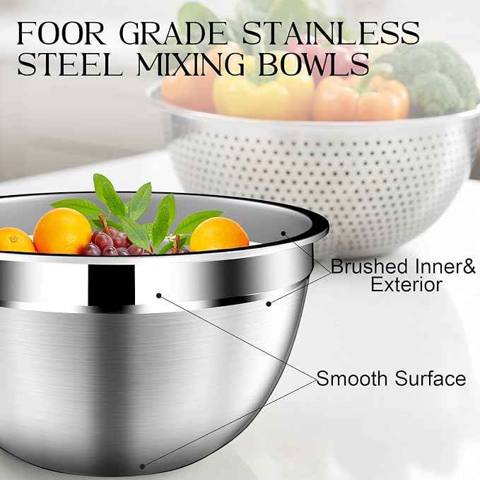 DUTZUN Stainles Steel Mixing Bowls with Lids Set, Stackable Metal Mixing & Serving Bowl with Strainer, 5-Piece - Beige