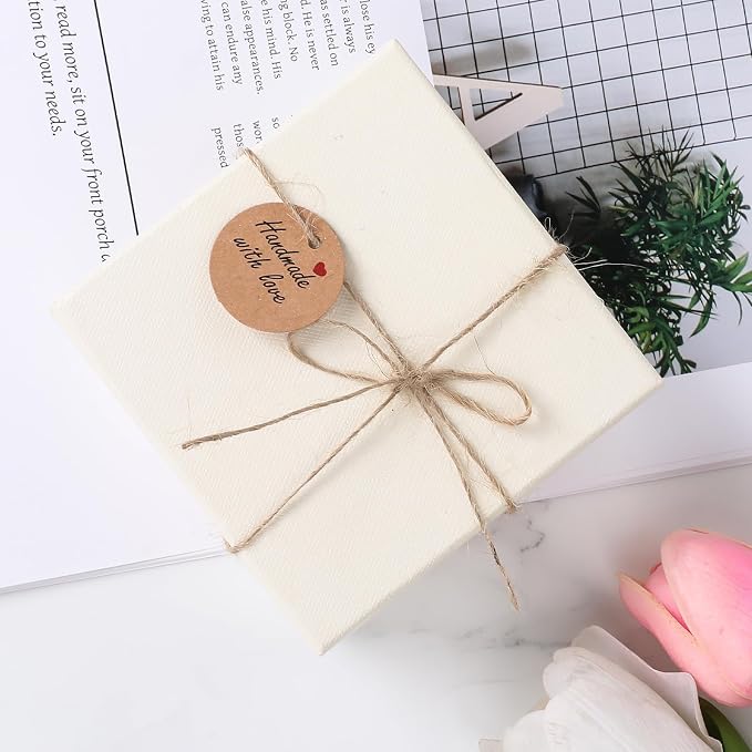 100Pcs Handmade with Love Tags Paper Hanging Tags with String 1.2” Round Brown Gift Labels with 66 ft String Personalized Handmade Tags for Crafts Candle Tins Wedding Birthday Party Favors