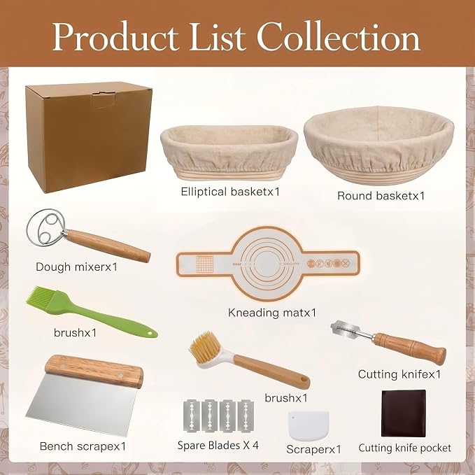 Bread Proofing Basket Set 9" Round and 10" Oval Banneton for Bread Baking, Natural Rattan Wicker Basket with Bread Lame, Danish Whisk, Scraper - Profeesional Baker's Kit